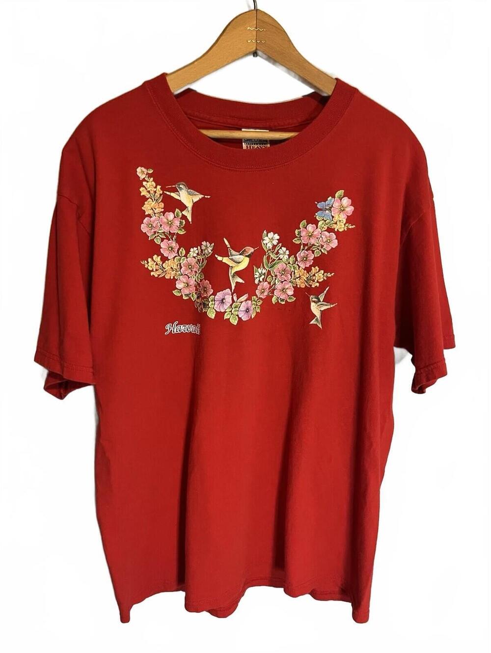 Vintage Hawaiian Hibiscus Hummingbird Cotton T-shirt Red Large Tropical Cottage